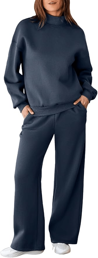 Set 3: Navy Blue Ski Lodge Set with Turtleneck Sweatshirt and Wide Leg Pant offers a classic and sophisticated look for the fall and winter seasons.