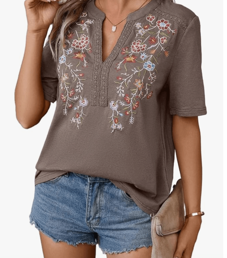 embroidered tunic v-neck top in a gorgeous brown Fall color